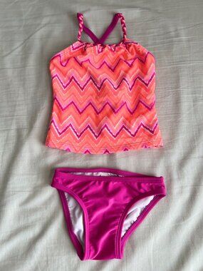 Circo Infant Girls Chevron Tankini Swim Set Neon Pink & Orange 9M